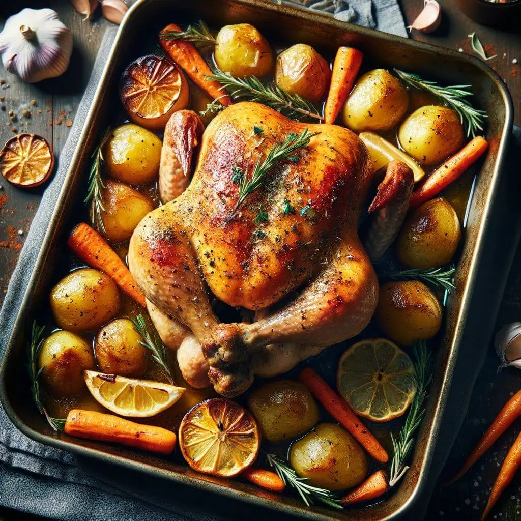 Oven-Baked Full Chicken with Potatoes, Carrots, and Garlic